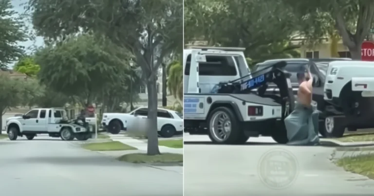 Hombre Semidesnudo Rolls Royce intenta detener embargo de su auto en Miami, escena viral.