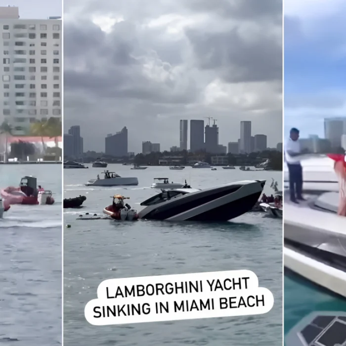 Lujoso yate Lamborghini Miami hundiéndose parcialmente frente a Miami Beach con personas siendo rescatadas.