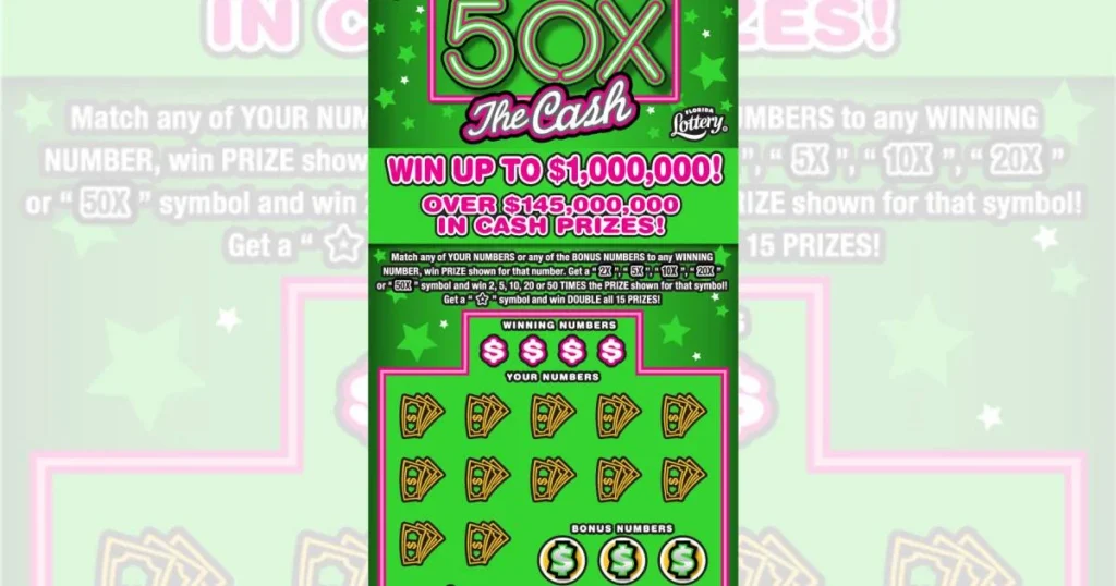 Mujer de Florida celebrando tras ganar un millón de dólares con un raspadito de la Lotería de Florida "50X The Cash".