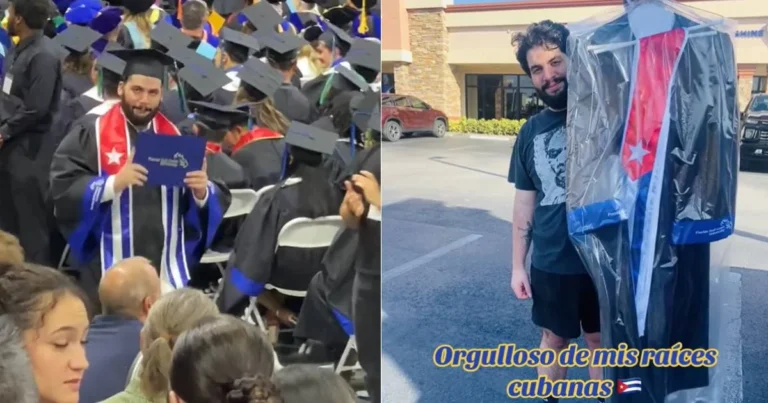 Joven ingeniero cubano en EEUU celebra su graduación con la bandera cubana y diploma de la Florida Gulf Coast University.