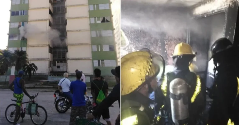 Bomberos controlando el incendio en el edificio 18 Plantas de Guantánamo, Cuba.