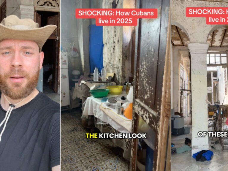 Youtuber estadounidense Adventure Elliot mostrando un edificio en ruinas habitado por familias en La Habana, Cuba.