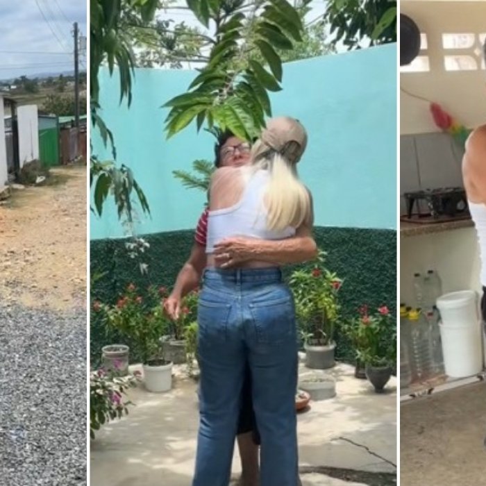 Cubana de Miami en un emotivo reencuentro con su familia en Cuba, destacando el hermoso patio de su hogar.