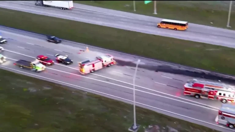 Escena del trágico choque en la autopista Sawgrass con vehículos de emergencia y cierre de vía.