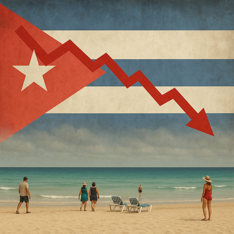 Gráfico ilustrando la Crisis Turismo Cuba: alarmante caída del 30% en llegadas internacionales Q1 2025.