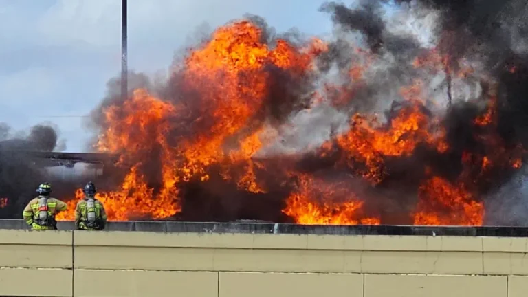 Impresionante incendio de un camión cisterna tras chocar en la carretera I-595 en el condado de Broward.
