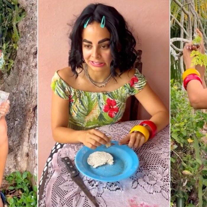 La actriz Danay Cruz como su personaje Lola Mento Guasimita, mostrando con humor qué come en un día viviendo en Cuba.