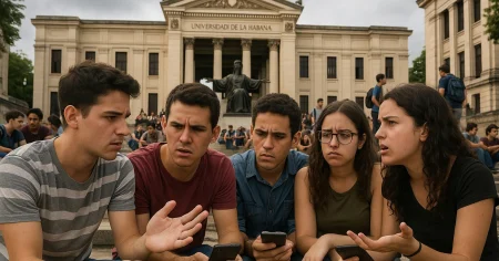 Estudiantes universitarios cubanos protestan con pancartas y consignas contra el tarifazo de ETECSA, exigiendo internet para todos.