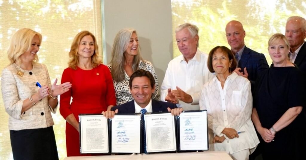 El gobernador Ron DeSantis firmando la nueva ley de condominios en Florida en un evento oficial.