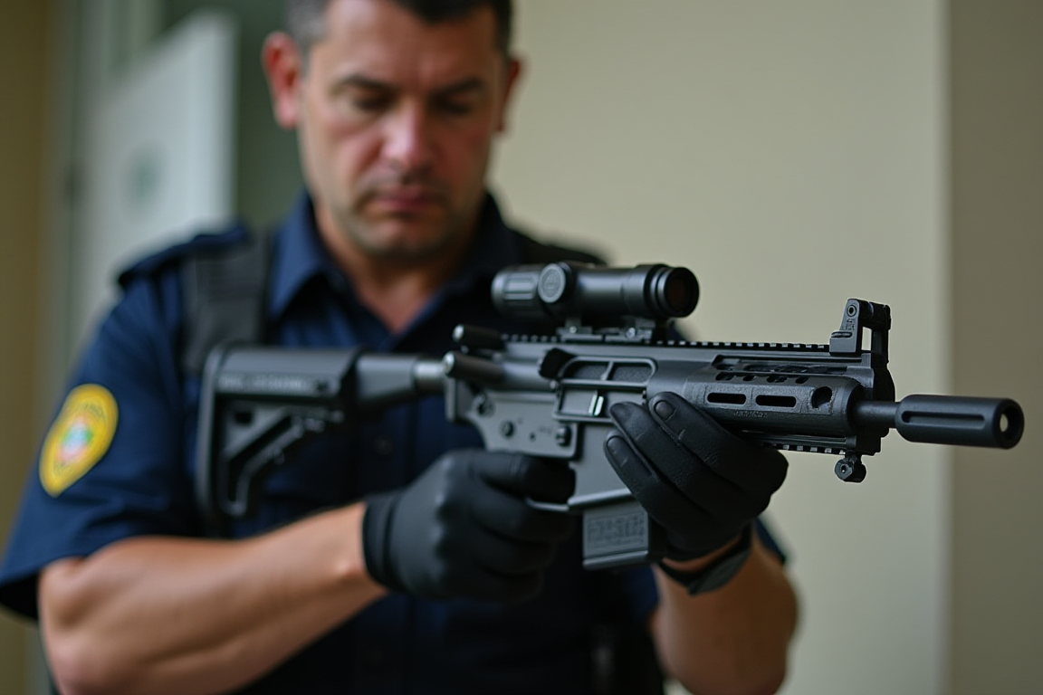 Agente del FBI mostrando una de las armas de fuego modificadas incautadas durante el operativo en Miami.