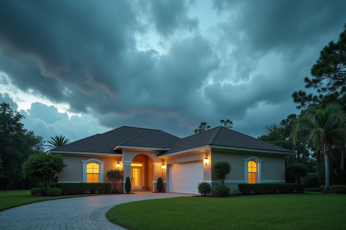 Una casa en Florida con un cielo de huracán al fondo, representando los riesgos de los seguros de propiedad.