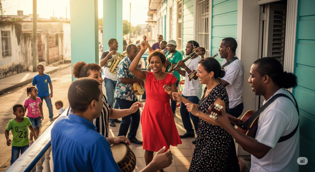Grupo de vecinos cubanos bailando reparto con alegría en el portal de una casa durante una espontánea fiesta cubana.