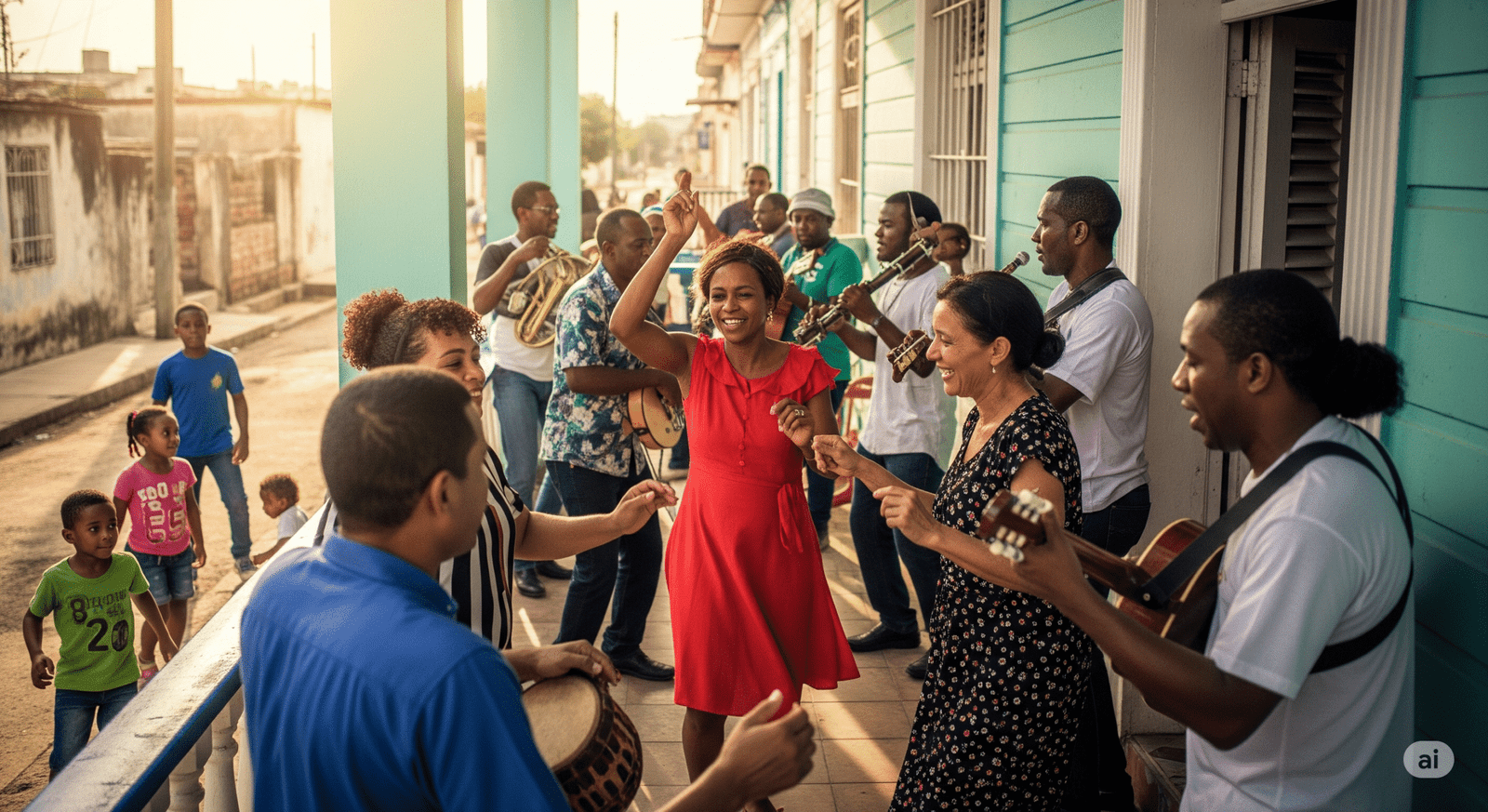 Grupo de vecinos cubanos bailando reparto con alegría en el portal de una casa durante una espontánea fiesta cubana.