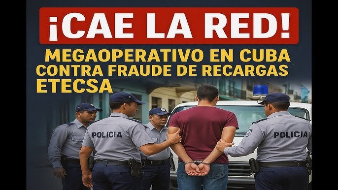 Logo de ETECSA sobre un fondo que representa el esquema de fraude en recargas internacionales.