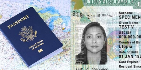 Pasaporte estadounidense y tarjeta de Residente Permanente (Green Card) sobre un mapa, simbolizando los viajes internacionales y la advertencia de CBP.