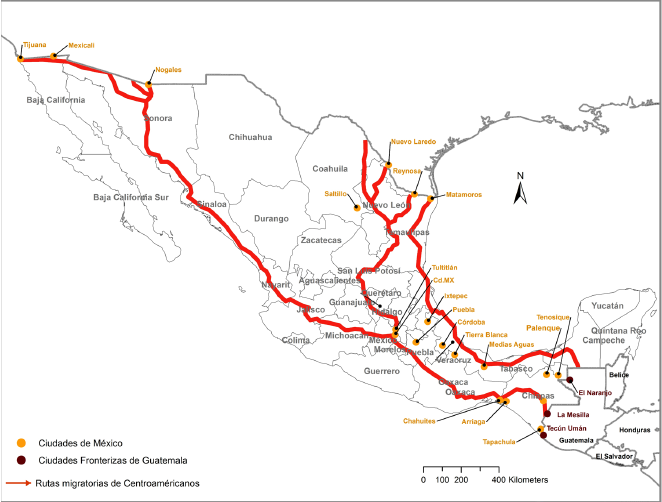 Mapa de México con una chincheta en Cancún, simbolizando el peligro del secuestro de migrantes cubanos en su ruta migratoria.