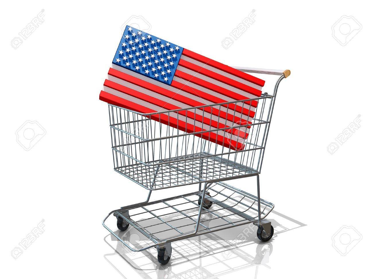 Carrito de compras decorado con banderas de Estados Unidos en el pasillo de un supermercado, para las compras del 4 de julio.