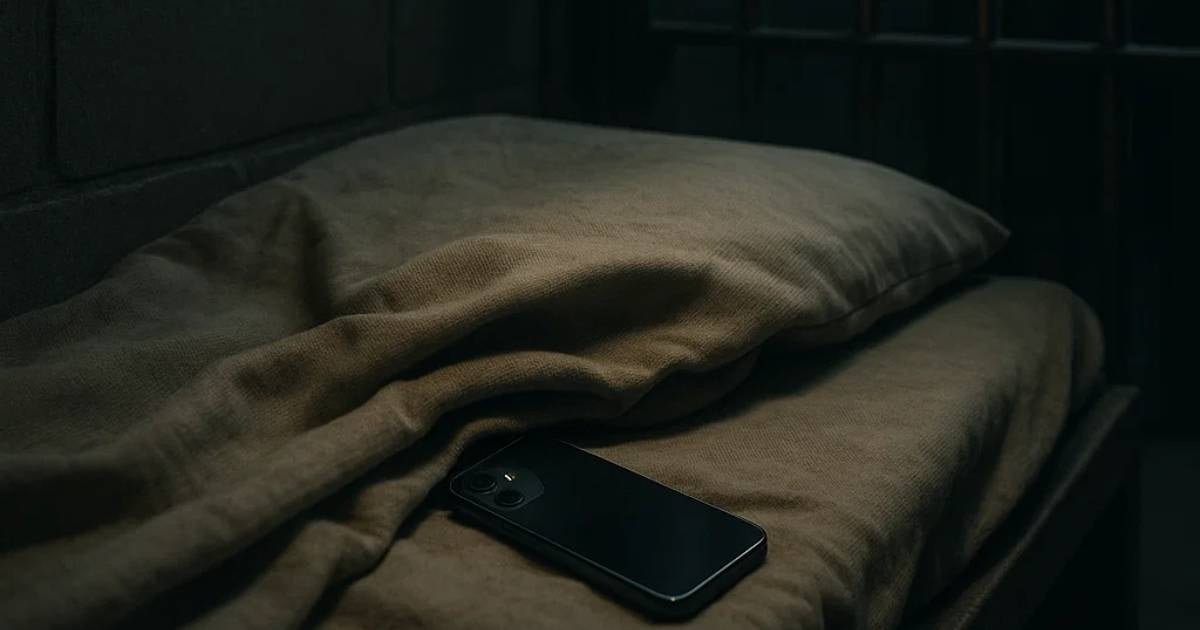 Teléfono móvil de contrabando dentro de una celda, simbolizando la estafa millonaria que un preso organizó desde la cárcel en Florida.