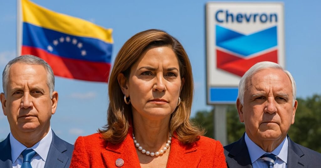 Montaje fotográfico de los congresistas cubanoamericanos Díaz-Balart, Salazar y Giménez con el logo de Chevron y la bandera de Venezuela de fondo.