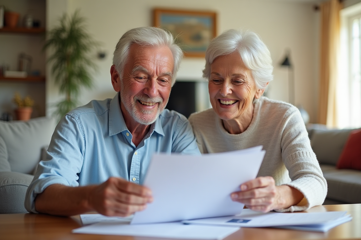 Una pareja de adultos mayores sonriendo mientras revisan documentos, ilustrando el alivio fiscal por la eliminación de impuestos sobre el Seguro Social.