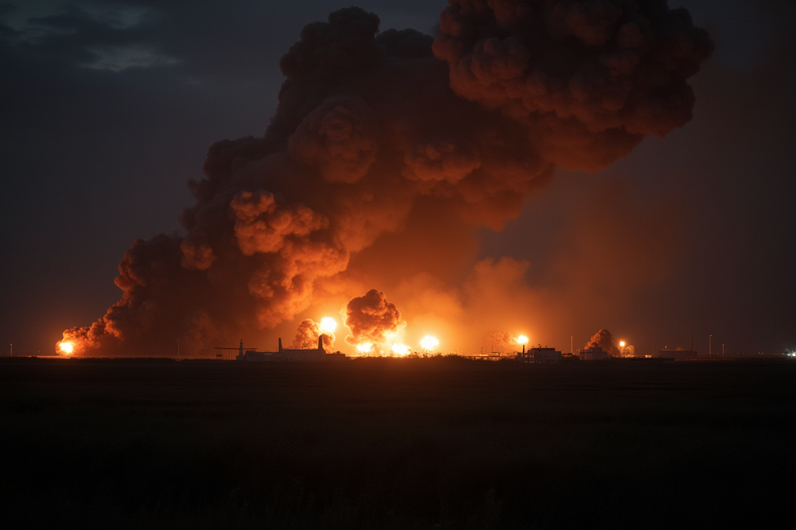 Imagen nocturna con explosiones sobre una base aérea, representando el ataque a una base aérea rusa por parte de Ucrania.