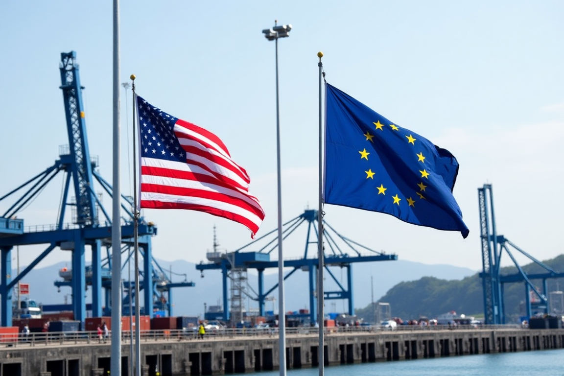 Contenedores de carga en un puerto con las banderas de Estados Unidos y la Unión Europea, simbolizando la tensión por los aranceles de EEUU a productos europeos.