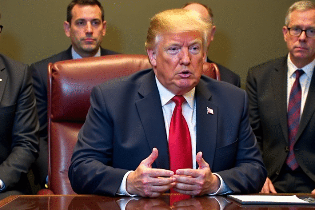 El presidente Donald Trump en un podio, ilustrando su mensaje sobre las políticas de inmigración y su agradecimiento a ICE.