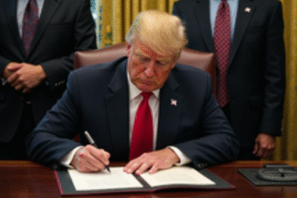 El presidente Donald Trump firmando la nueva ley de política interna que afecta a los trabajadores.