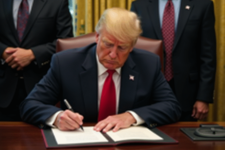 El presidente Donald Trump firmando la nueva ley de política interna que afecta a los trabajadores.