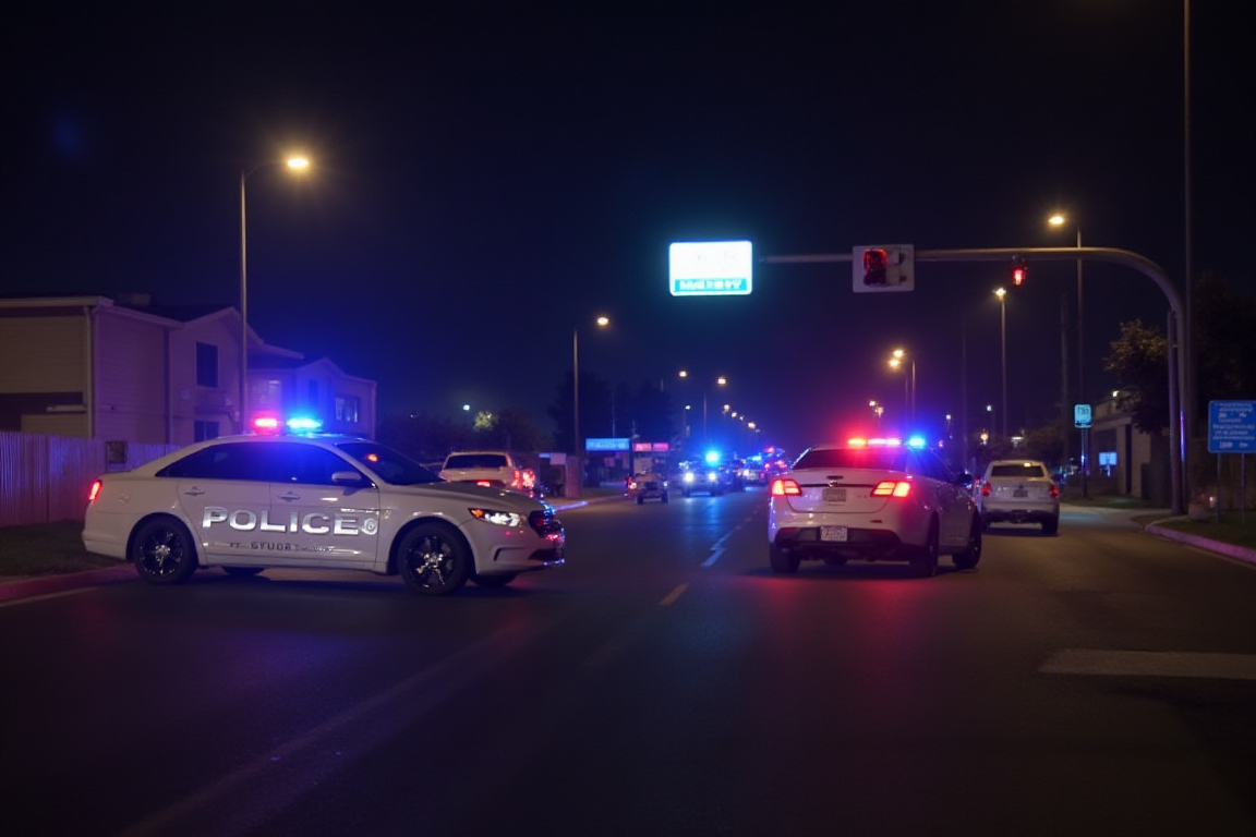 Luces de una patrulla de policía en la escena de un crimen, en relación al ataque al centro de ICE en Texas.