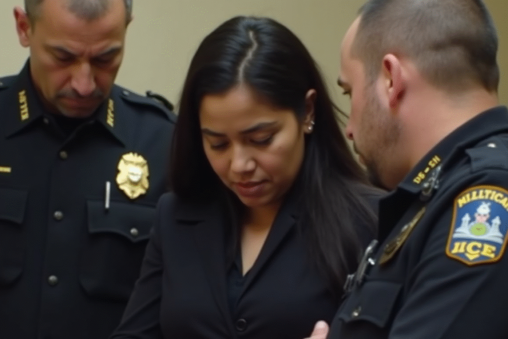 Escena del arresto de una mujer migrante por agentes de ICE en una corte de Nueva York.