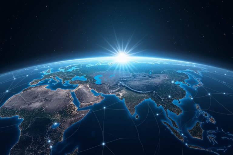 Ilustración conceptual del planeta Tierra conectado por redes de alta velocidad, representando el récord mundial de velocidad de Internet de Japón.