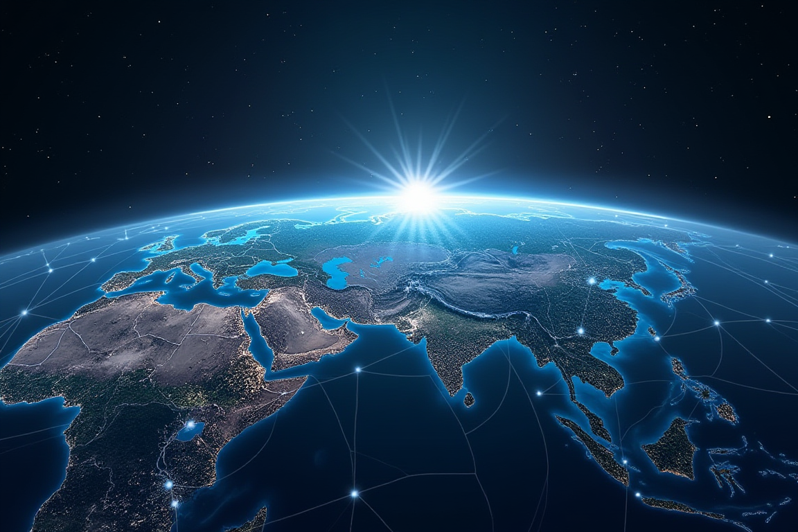 Ilustración conceptual del planeta Tierra conectado por redes de alta velocidad, representando el récord mundial de velocidad de Internet de Japón.