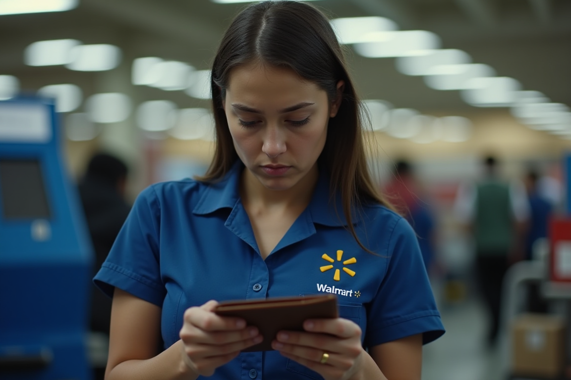 Una joven trabajadora con uniforme de Walmart mira preocupada su billetera, lo que ilustra el debate sobre los salarios.