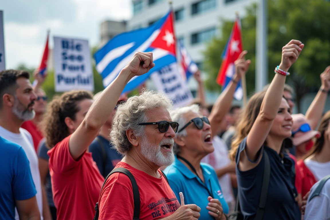 Manifestantes exiliados cubanos protestando con banderas y carteles frente a las oficinas de Cubamax en Hialeah.
