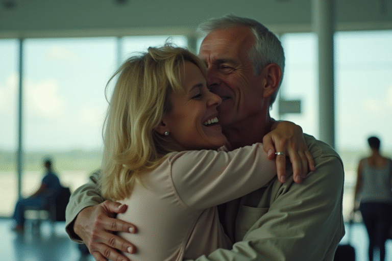 Una pareja se abraza emocionada en un aeropuerto, representando el reencuentro familiar en Cuba.