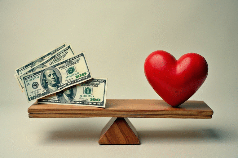 Una balanza comparando dinero en un lado y un corazón en el otro, representando la opinión de una cubana sobre la vida en Estados Unidos vs. la vida en Cuba.