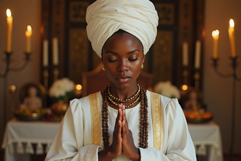 Una mujer afrocubana con atuendos ceremoniales blancos de la religión yoruba, en un gesto de oración frente a un altar con ofrendas, representando la fe y la ética espiritual.
