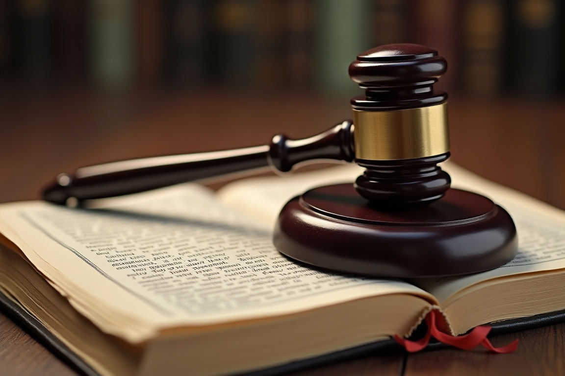 Un mazo de juez sobre un libro de leyes, simbolizando la aplicación de la pena de muerte en Florida y el sistema judicial.