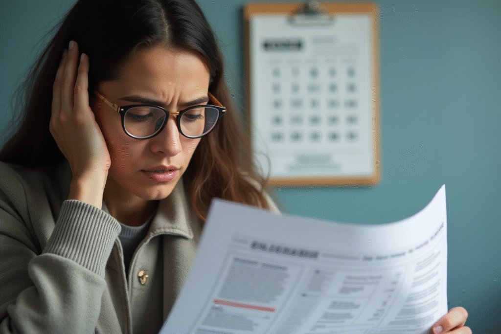 Una persona preocupada revisando documentos de inmigración frente a un calendario, simbolizando el riesgo de perder plazos por el problema con las tarifas de asilo.