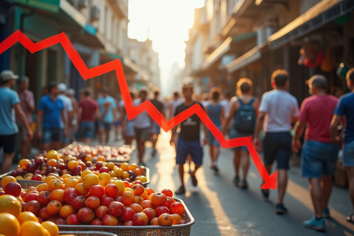 Gráfico de la economía en Cuba con una flecha hacia abajo, contrastando con una imagen de un mercado con precios altos.