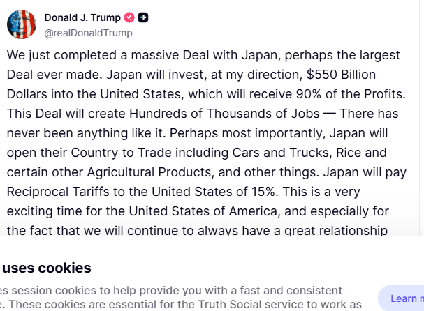 Post de Donald Trump en Truth Social anunciando el histórico acuerdo comercial alcanzado con Japón.
