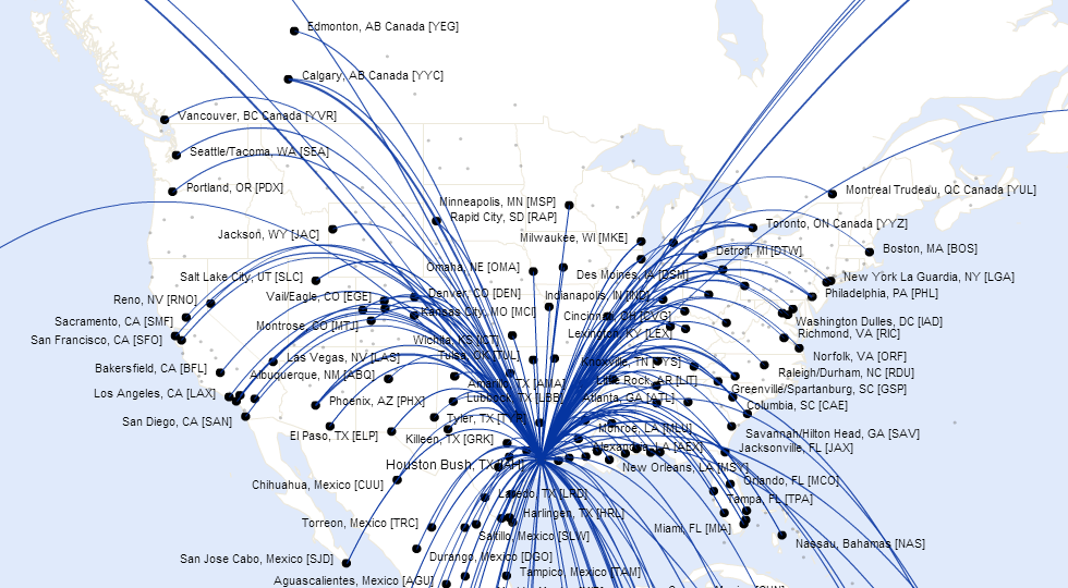 Mapa de rutas aéreas mostrando la cancelación del vuelo de United Airlines entre Houston y La Habana, Cuba.