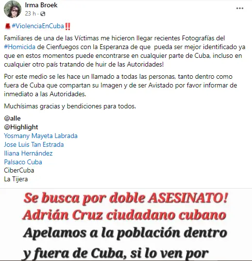Captura de pantalla de la publicación en redes sociales que informa sobre los avances en el caso del doble homicidio de Cienfuegos.