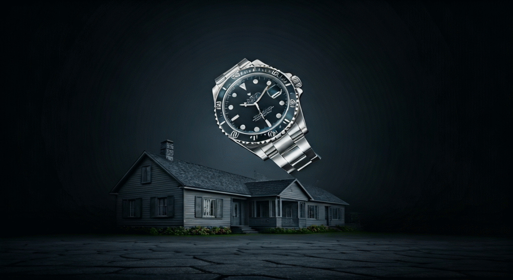 Fotografía conceptual y realista de Michael Hudak en un ambiente sombrío, con un reloj Rolex flotando en el aire y la silueta de una casa de empeño al fondo. Estilo cinematográfico, alta definición.