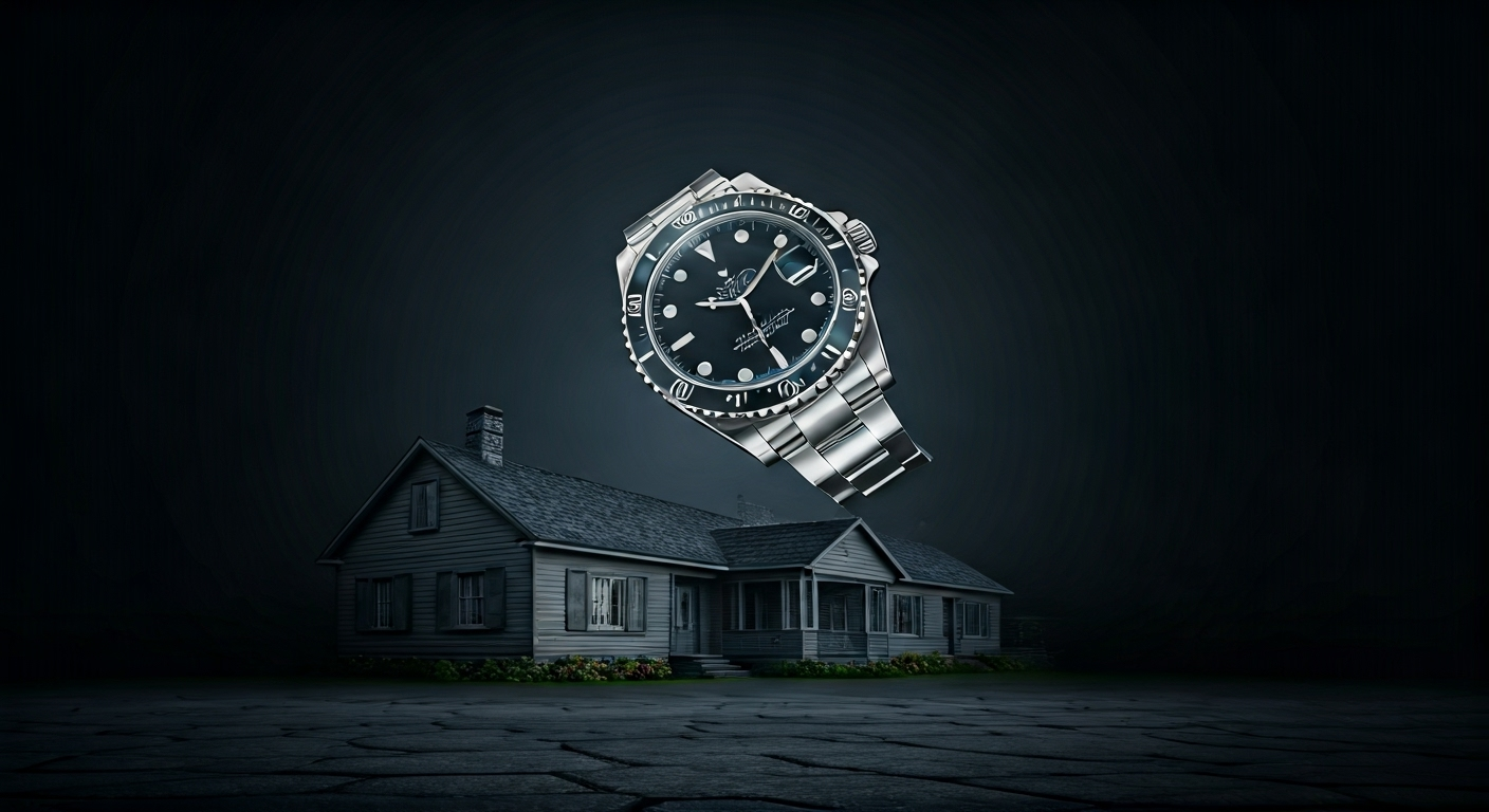 Fotografía conceptual y realista de Michael Hudak en un ambiente sombrío, con un reloj Rolex flotando en el aire y la silueta de una casa de empeño al fondo. Estilo cinematográfico, alta definición.