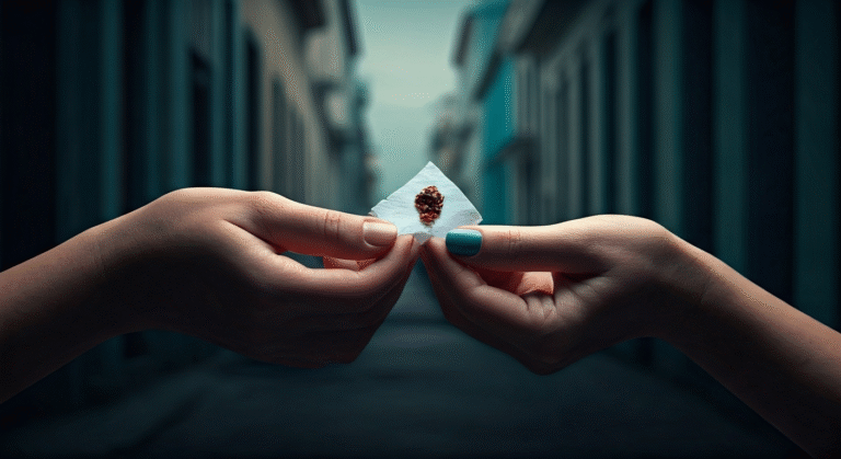 Fotografía conceptual y realista de manos sosteniendo un pequeño papel con una sustancia, simbolizando la droga sintética 'El Químico' en Cuba, con un fondo desenfocado de la ciudad. Estilo cinematográfico, alta definición.