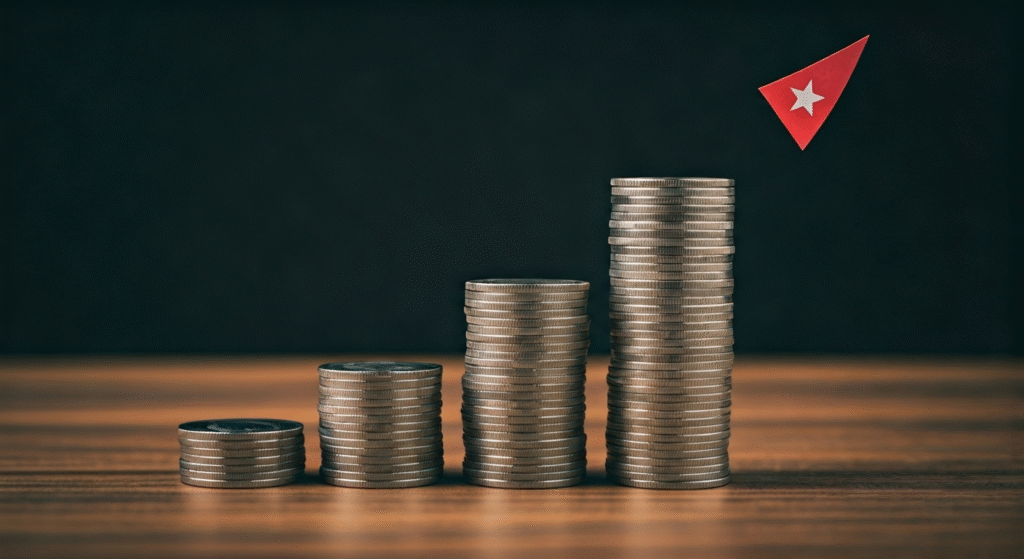 Representación simbólica del alza del dólar en Cuba con billetes y una flecha ascendente.