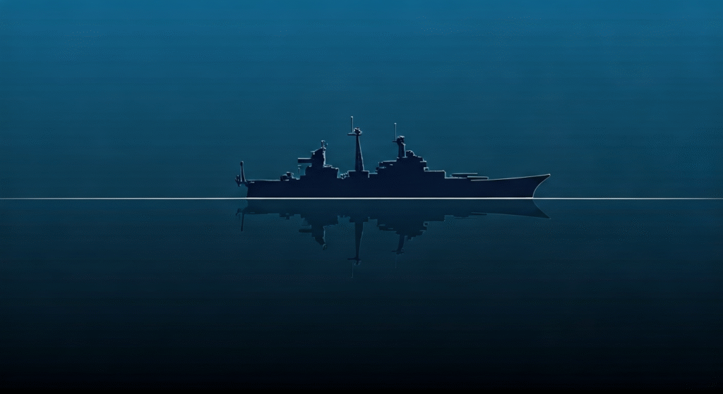 Representación simbólica del despliegue naval estadounidense en el Caribe con un estilo visual periodístico. ```