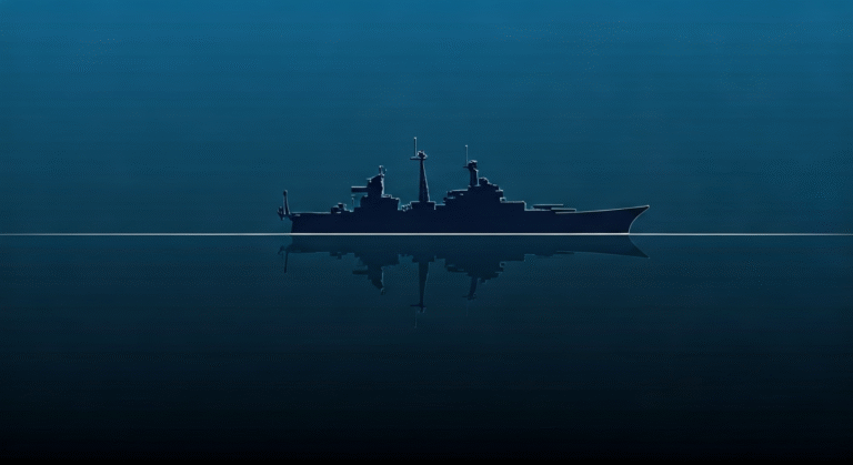 Representación simbólica del despliegue naval estadounidense en el Caribe con un estilo visual periodístico. ```